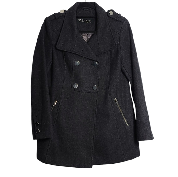 GUESS LOS ANGELES Dark Grey Wool Long Sleeve Button Up Coat Size Petite Small - Picture 1 of 16
